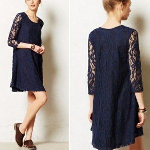Anthropologie Puella Amare Floral Lace Navy Dress 3/4 Sleeve M